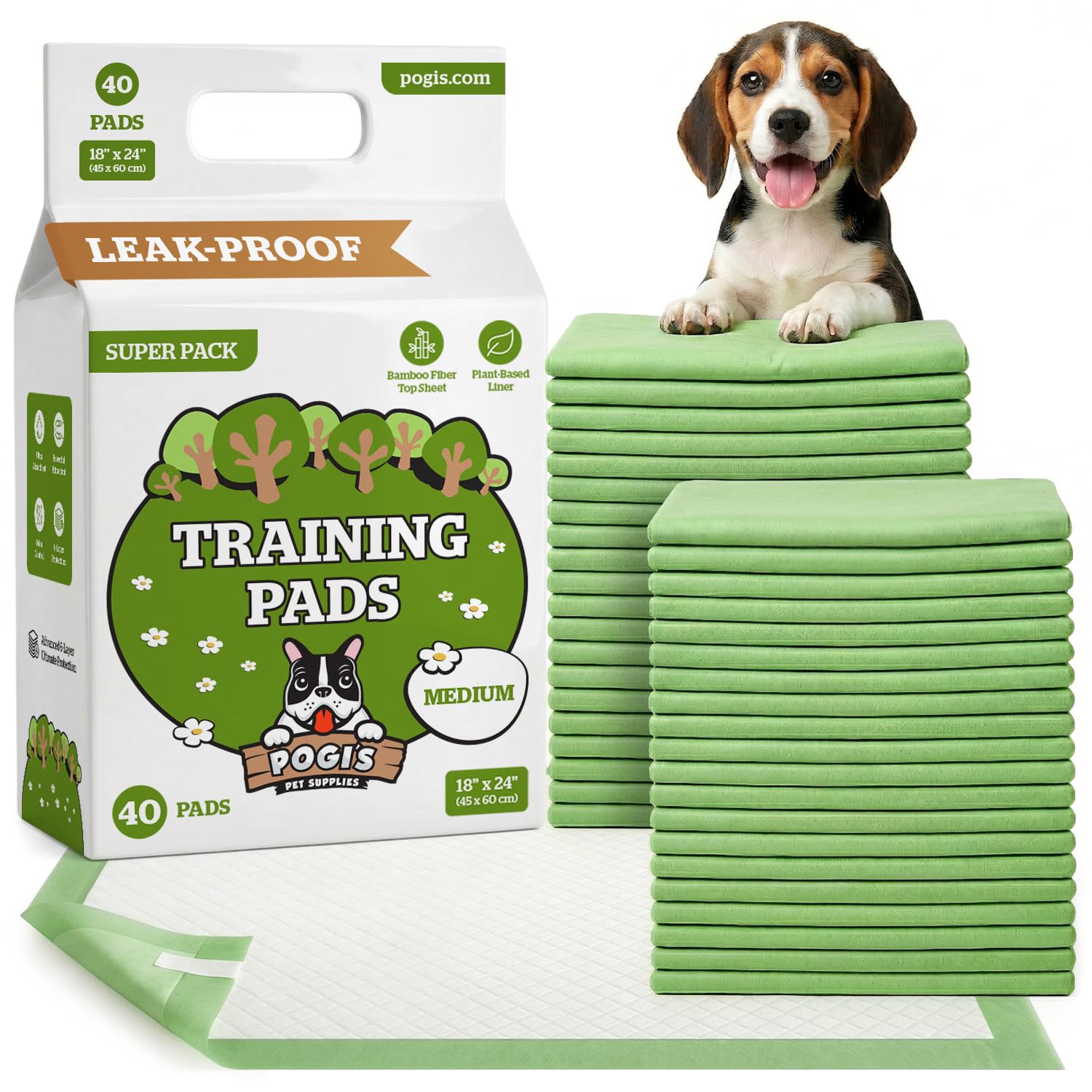 Pogi's Puppy Training Pads with Sticky Tabs – Eco-Friendly, Odour Blocking & Super Absorbent – 40-Pack (45 × 60 cm)