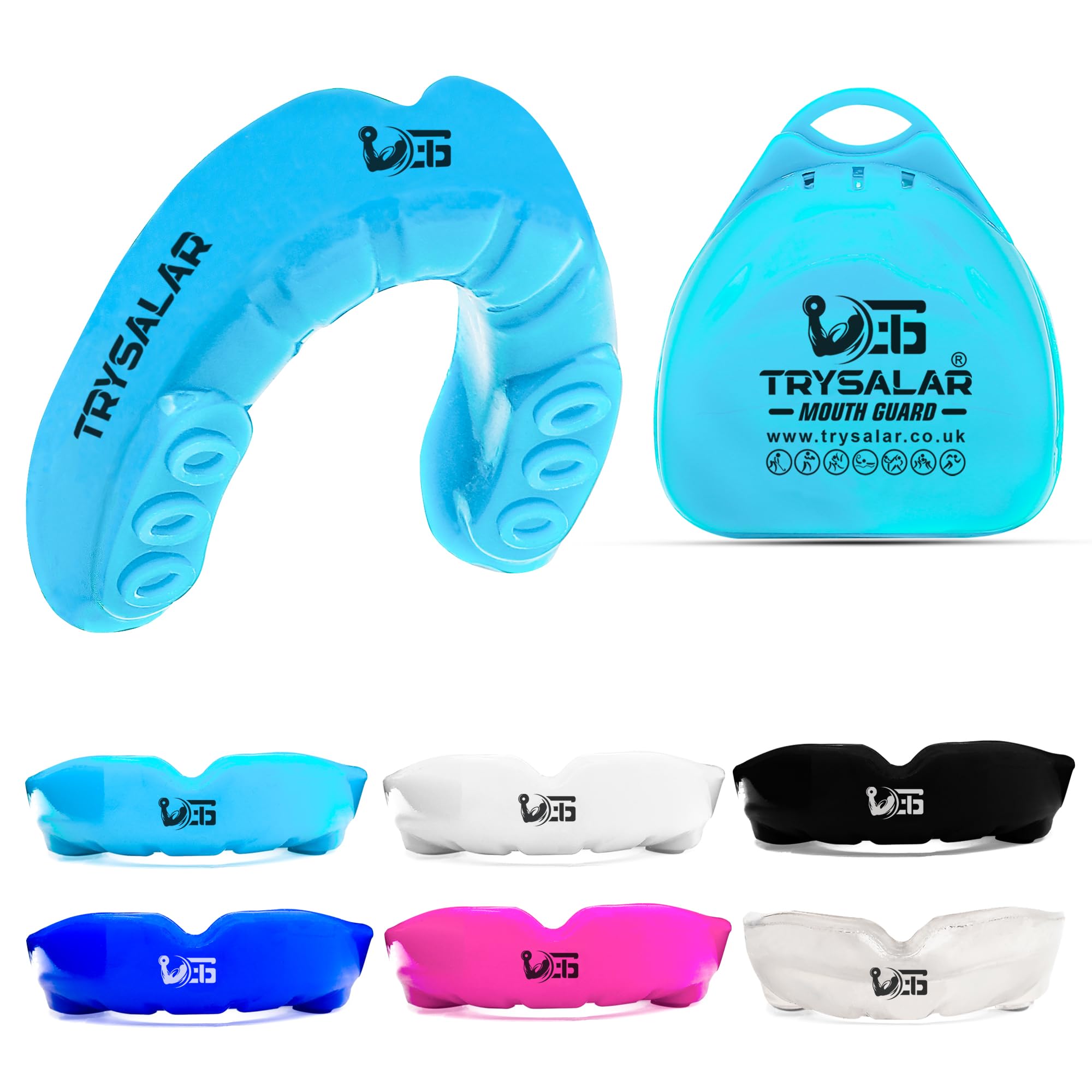 TrySalar Mouth Guards for Boxing Men Adult Youth Junior Mouldable Rughby Sports Slim Fit Boil and Bite Gum Shield with Box MMA Hockey Basketball Muay Thai Football (12+ Years, Baby Blue)