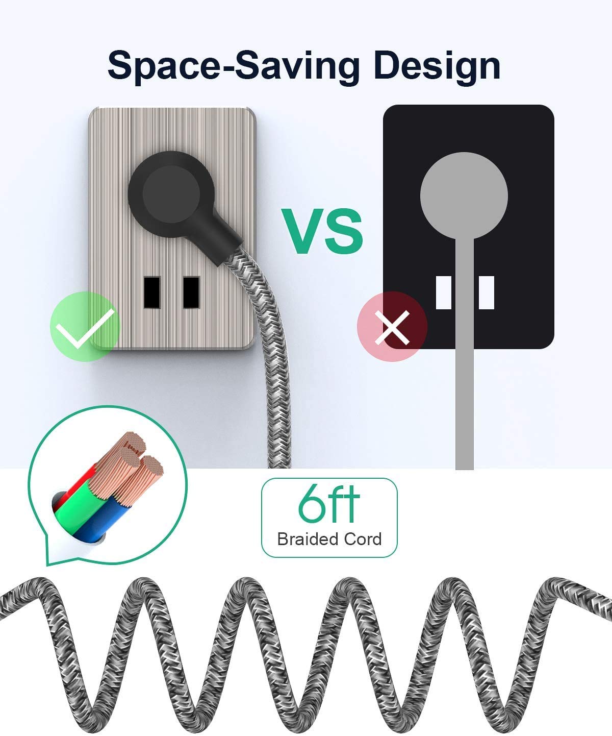 Mifaso 2700Joules Power Strip with 8 Outlets, 3 USB Ports, Braided Extension Cord, Overload Protection, UL Approved
