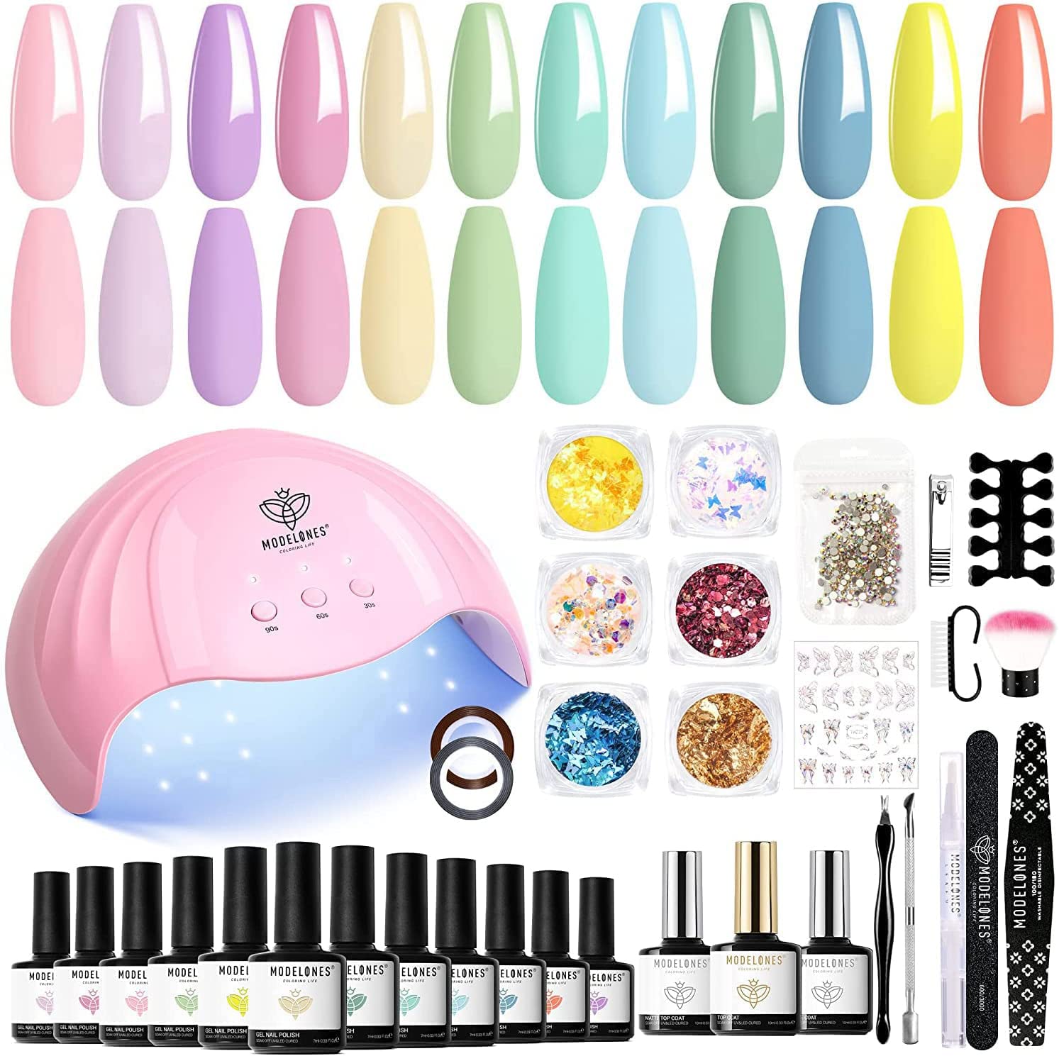 Modelones Gel Nail Kit - 12 Colors Pink Macaron Candy Colors Gel Nail Polish Set with Lamp Starter Kit, Glossy & Matte Top and Base Coat, Manicure Tools for Beginner DIY at Home