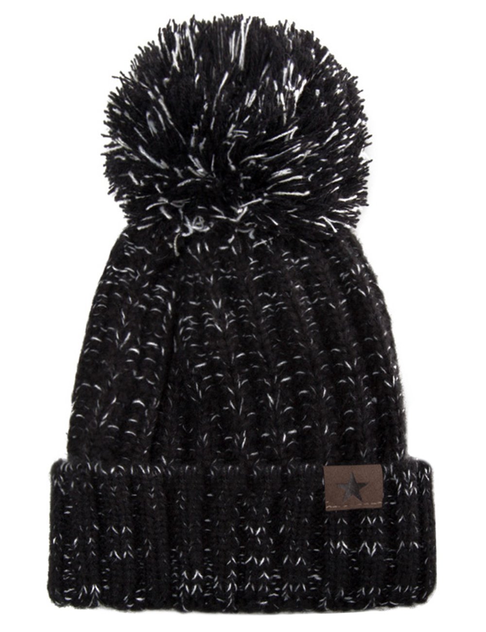 EVRFELAN Winter Fox Pompom Beanie Cable Knit Warm Hat Ribbed Ski Skull Cap (Black)