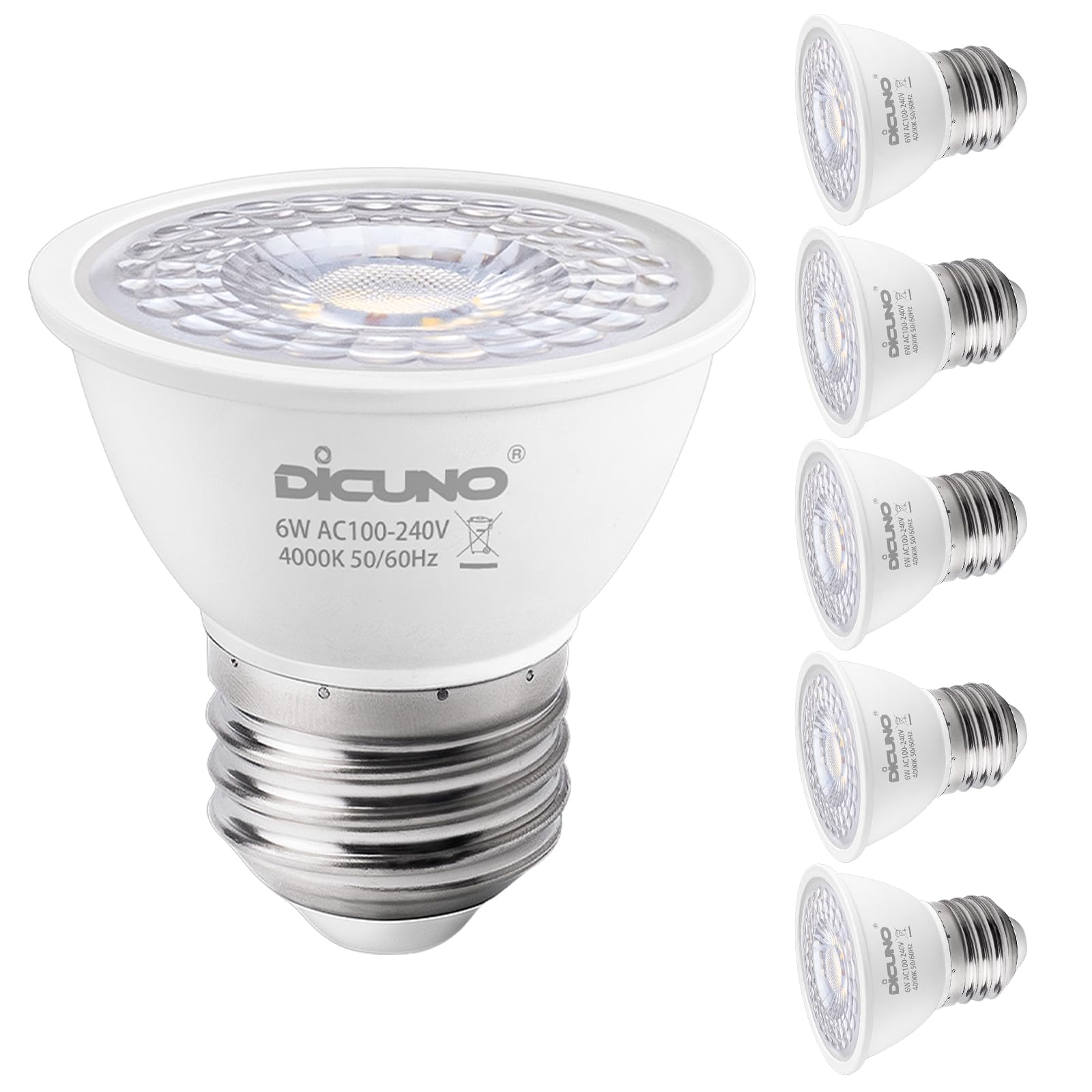 DiCUNO E27 LED Bulb 6W, E27 ES Light Bulbs MR16, Natural White 4000K, 50W Halogen Replacement, 500LM, CRI 90 Reflector Spotlight for Home Lighting, Non-dimmable, 6Pcs