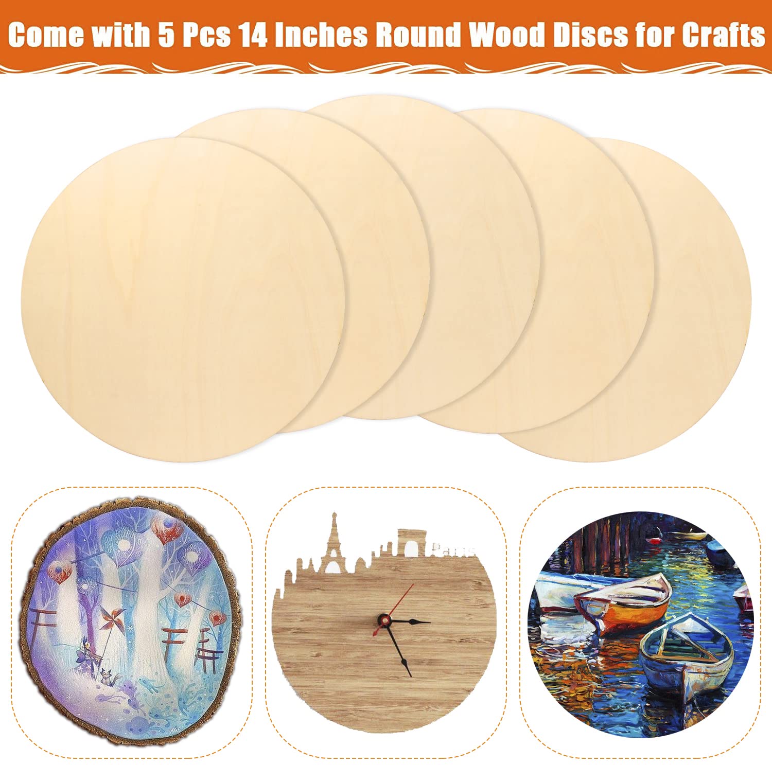 5Pcs 14 Inch Wood Circles for Crafts, Unfinished Blank Wooden Rounds Slice Wooden Cutouts for DIY Crafts, Door Hanger, Sign, Wood Buring, Painting, Christmas Décor
