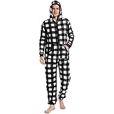 Focupaja Unisex Check Onesie Christmas Zip Up Matching Onesie Hooded Pajamas One Piece Non-Footed Jumpsuit Adult Teenager