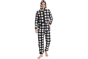 Focupaja Unisex Check Onesie Christmas Zip Up Matching Onesie Hooded Pajamas One Piece Non-Footed Jumpsuit Adult Teenager