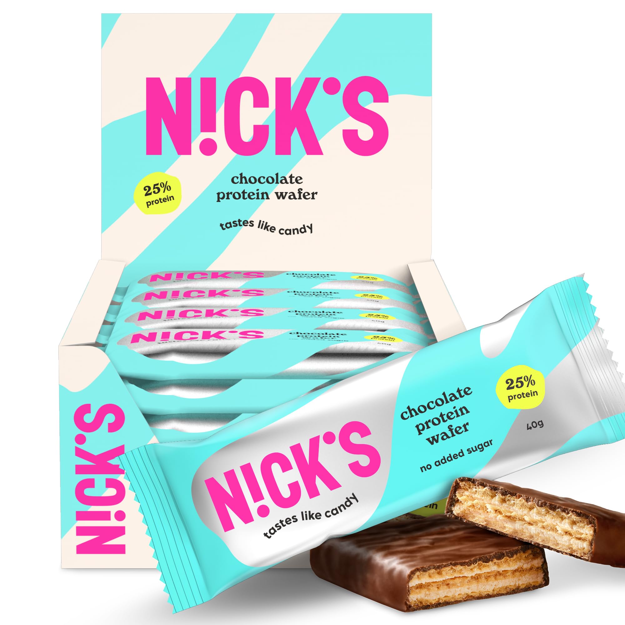 NICKS Protein Wafer Bars Chocolate | 25% Protein | 198 Calories | Low carb Biscuits Snack Bar No Added Sugar Gluten free (Multipack 24x40g)