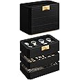 SONGMICS HOME RONNE Collection - 3-Tier Watch Box, Stackable 8-Slot Watch Case, Woven Embossed PU Leather, Floating Effect, Gift Idea, Ink Black Surface, Ink Black Lining UJWB021B01
