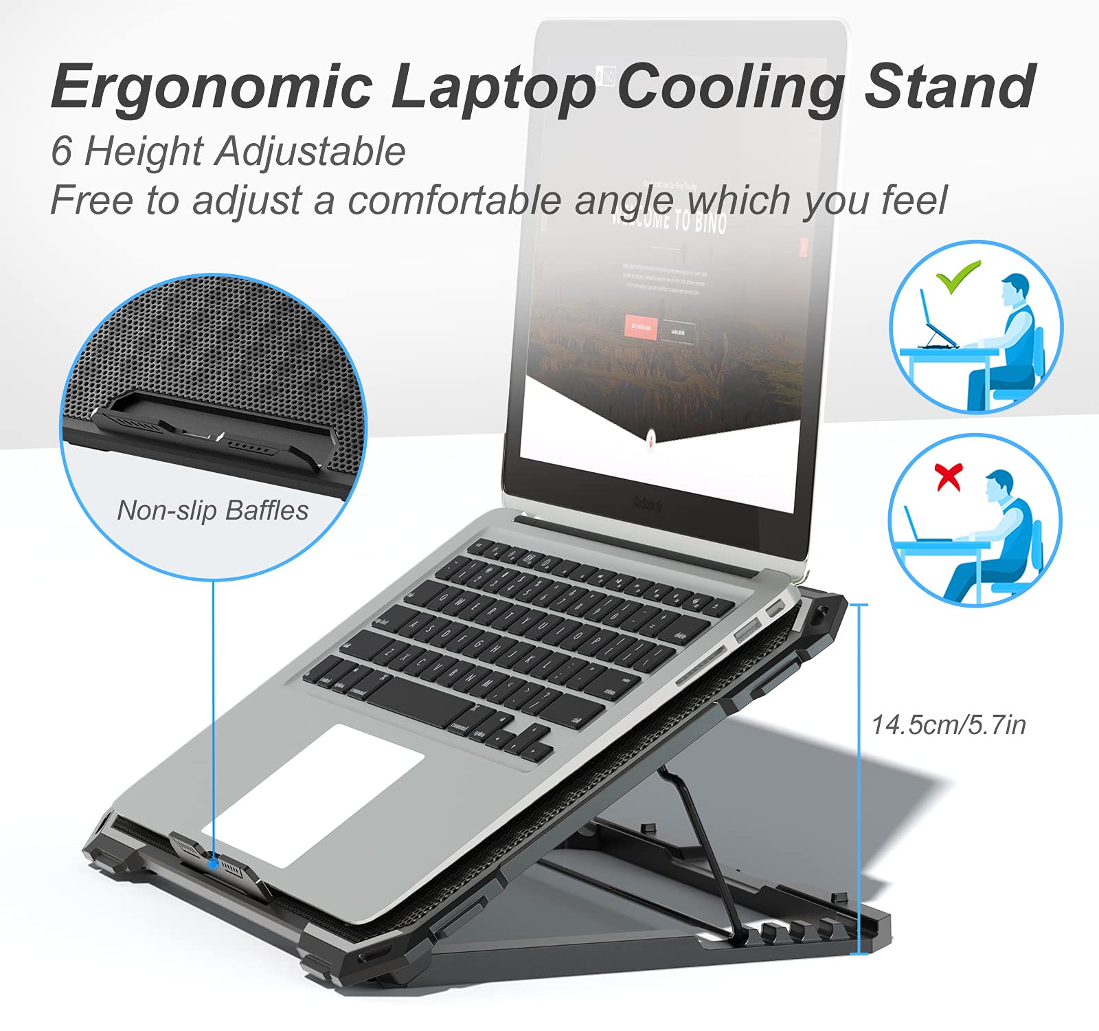 ICE COOREL Laptop Cooling Pad with 6 Cooling Fans, Cooling Pad for Laptop Fan 13-15.6 Inch, Laptop Cooler Stand with 6 Height Adjustable, Notebook Cooler Pad with Two USB Port