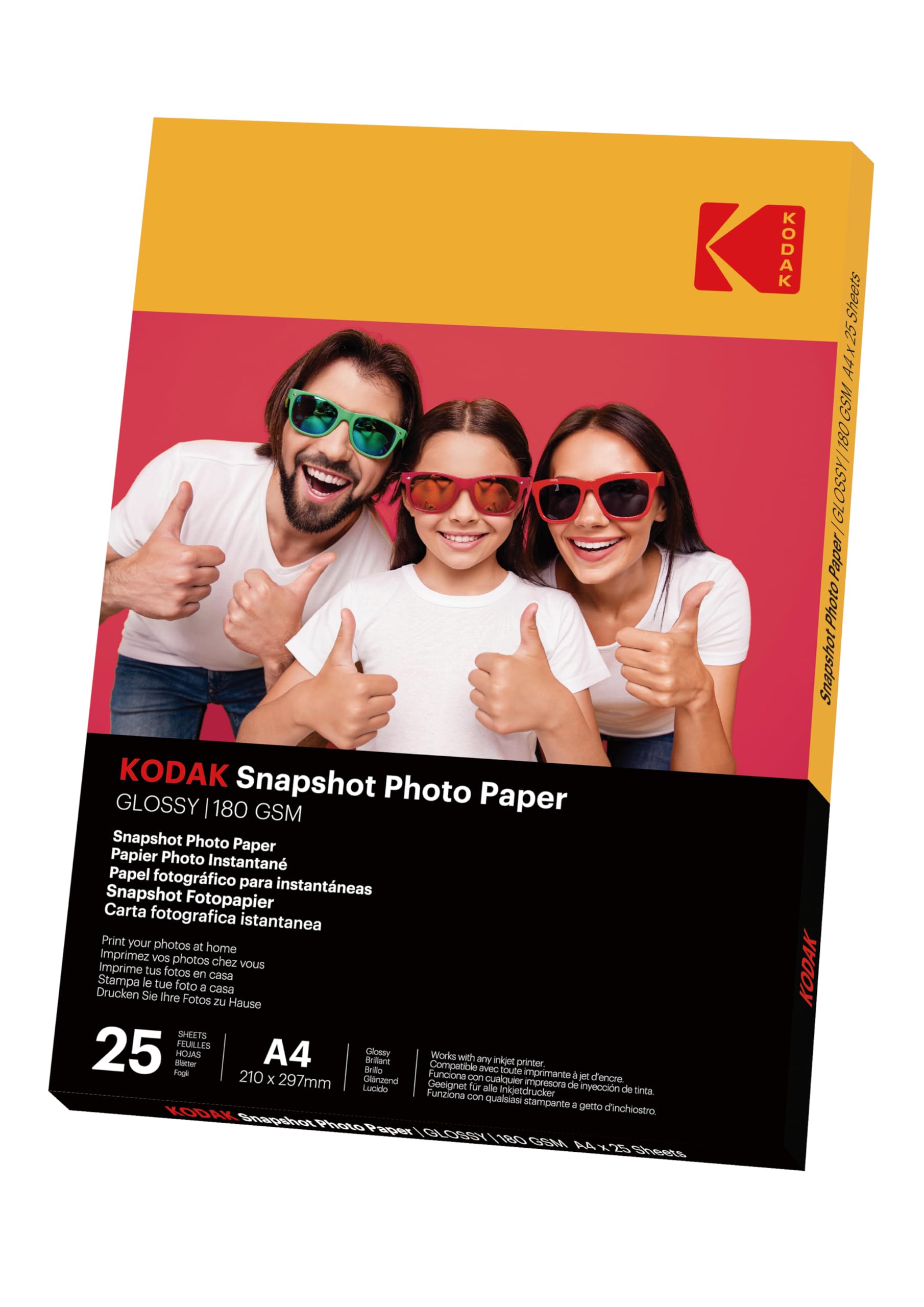 KODAK Snapshot Photo Paper - Instant Photo Paper, Glossy Finish, Pack of 25 Sheets, A4 Size (21x29.7 cm), 180 gsm, Compatible with Inkjet Printers