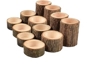 Tesytto Set of 12 Wooden Tea Light Candle Holders, Personalized Natural Wooden Votive Vintage Tea Light Candle Holders for Rustic Centerpieces for Dining Table Wedding Party (Set of 12)