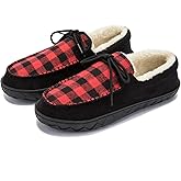 Deenor Mens Cozy Fuzzy Plaid Moccasin House Slippers Memory Foam Slip on Indoor Outdoor Red Plaid Size 11