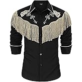 TURETRENDY Men's Western Cowboy Fringe Shirts Long Sleeve Embroidered Slim Fit Casual Button Down Shirts Black 1 XL