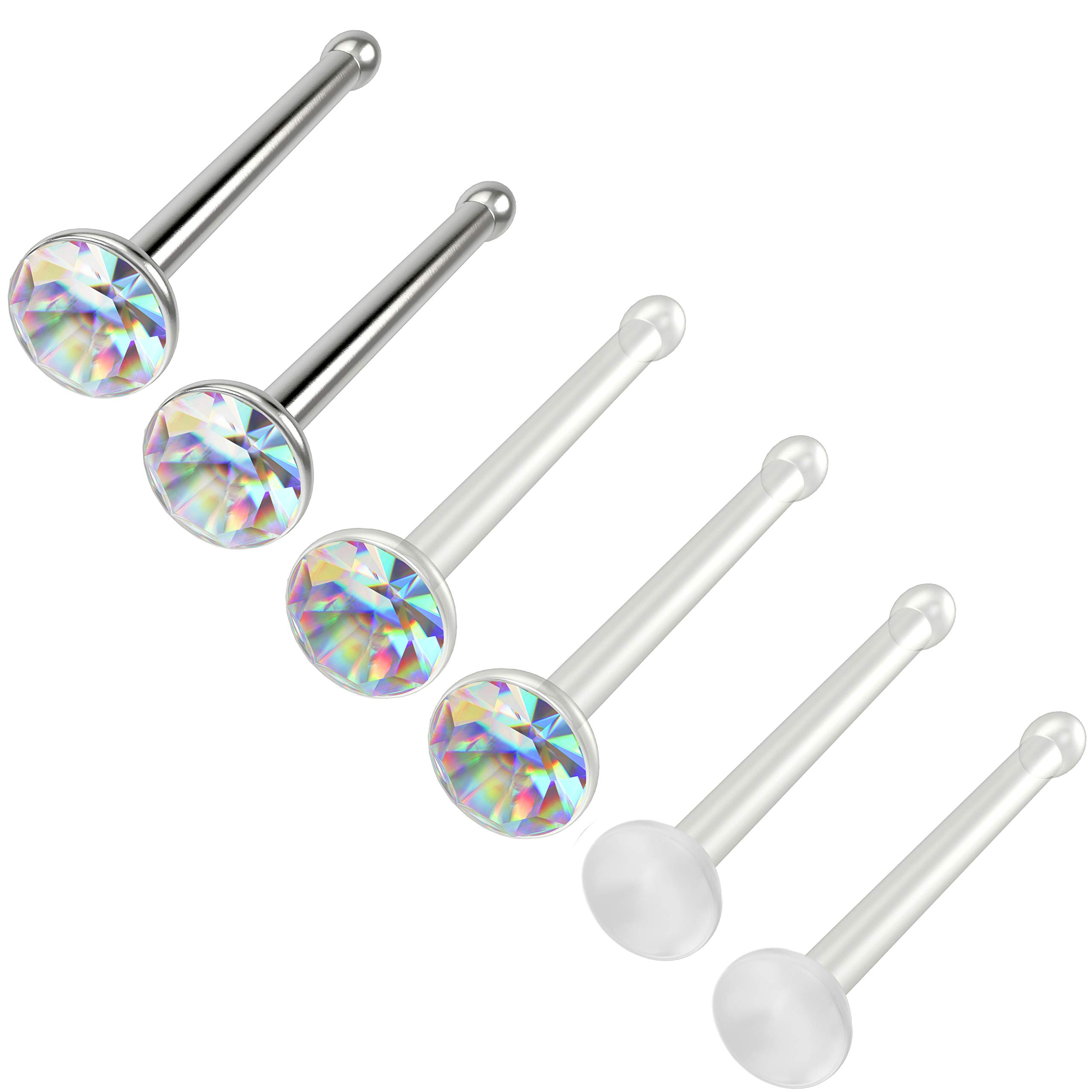 Bling Piercing 6pc 1mm 18g 1mm Nose Stud Bone Straight Bar Nostril Ring Surgical Steel 2.5mm Crystal and 0.8mm 20g AB Bioflex Stud 0.8mm Retainer Keeper