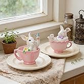 Cynkeyee Easter Decorations Bunny Figurine - 2 Pcs Cute Bunny in Pink Teacup Bunny for Table Decor Office Gift for Woman Easters Decorations for The Home 3.3x2.5x3.5IN