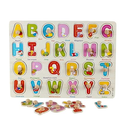 iChoice Wooden Alphabet ABC Colorful Learning Educational Board for Kids with Knobs, Capital Letters Learning Educational Wooden Board Tray for Children/Toddlers (Alphabet)