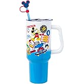Silver Buffalo Disney Mickey and Friends Daisy, Donald Duck, Goofy, Pluto, Minnie Decals Double Walled Stainless Steel Tumbler with Handle, Straw, and Straw Cap, Fits in Standard Cup Holder, 40 Ounces