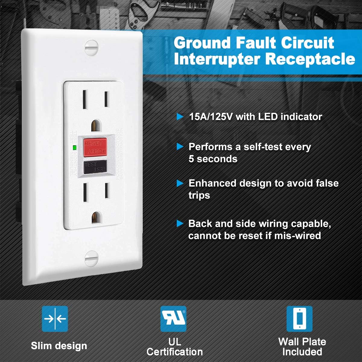 UNIELE 15A GFCI Outlet, Non-Tamper-Resistant Slim GFI Receptacle with LED Indicator, Self-Test Ground Fault Circuit Interrupter with Wall Plate, UL Listed, White (12 Pack): Industrial & Scientific
