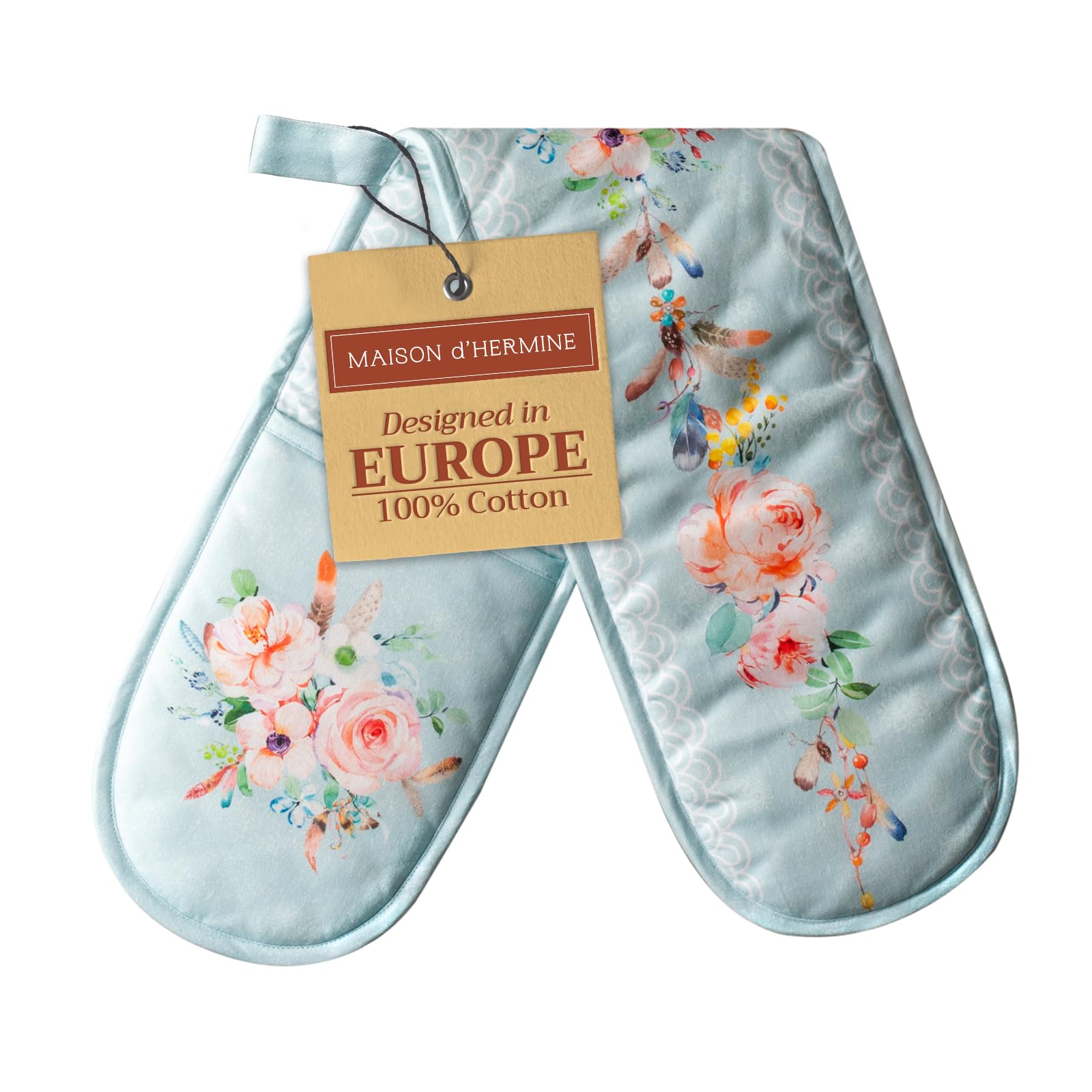 Maison d' Hermine Double Oven Mitts 100% Cotton 18 cm x 89 cm Double Oven Mitt Heat Resistant BBQ Cooking Gloves with Loop Baking Grilling Handling Hot Pans Gifts for Mothers Day (Ibiza - Blue)