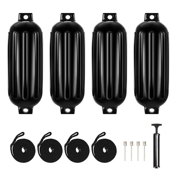 XGEEK BOAT FENDERS 4 PACK,BOAT BUMPERS FOR DOCKING WITH 4 ROPES, BOAT BUMPER FOR PONTOON,BLACK 5.5IN