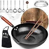 kaqinu Carbon Steel Wok Pan, 14 Piece Woks & Stir-Fry Pans Set with Wooden Lid Cookwares, No Chemical Coated Flat Bottom Chinese Pan for Induction, Electric, Gas, Halogen All Stoves - 12.6''