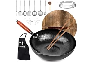 12.6'' Carbon Steel Wok Pan, KAQINU 14 Piece Stir Frying Pans Set with Wooden Lid & Cookwares, No Chemical Coated Flat Bottom