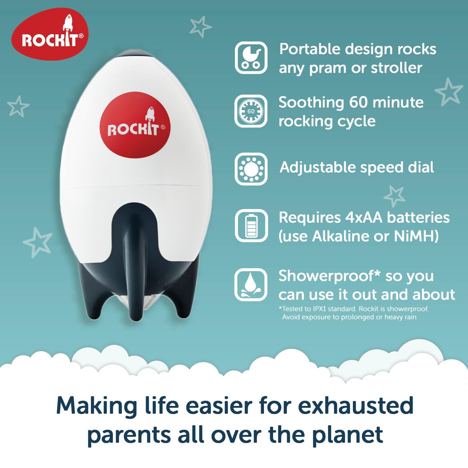 Rockit Rocker (AA Battery Version) - Baby Sleep Aid Gently Rocks Any Stroller or Buggy, Adjustable Speed with 60 Minute Timer - Fits All Pushchairs & Prams to Create a Portable Baby Bouncer