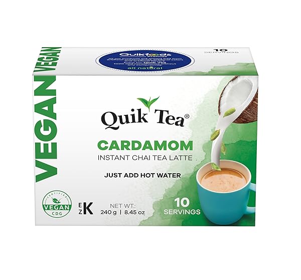 QUIKTEA VEGAN CARDAMOM INSTANT CHAI TEA LATTE – 10 COUNT SINGLE BOX – CONVENIENT, EASY AYURVEDIC DAIRY FREE ALTERNATIVE – ALL NATURAL NON GMO SUPERFOOD