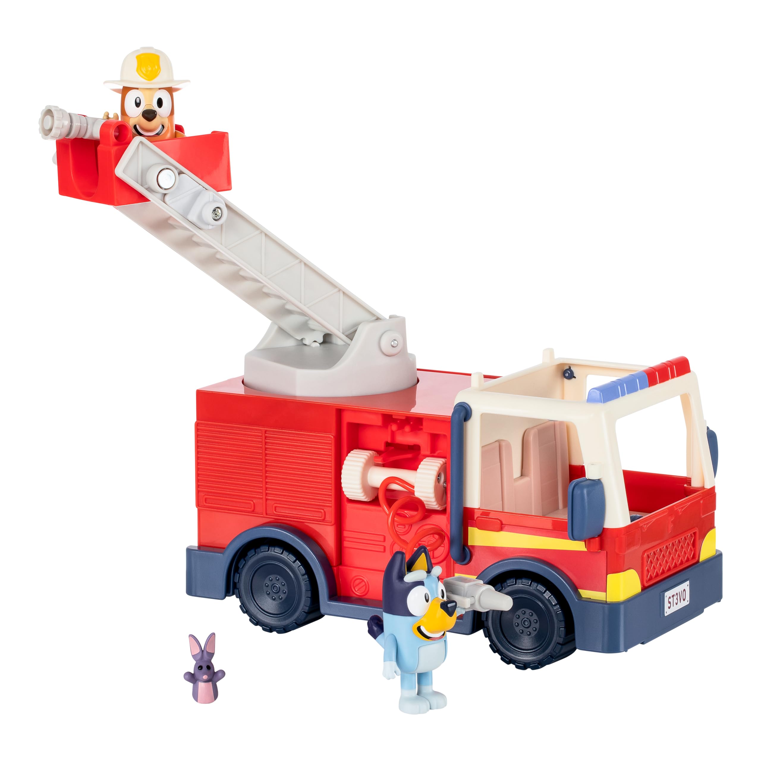 Bluey Firetruck Toy Playset with Firefighter Bingo, Bluey & Bob Bilby, Toddler Fire Truck w/ Spinning Ladder, Water Hoses for Kids Ages 3+