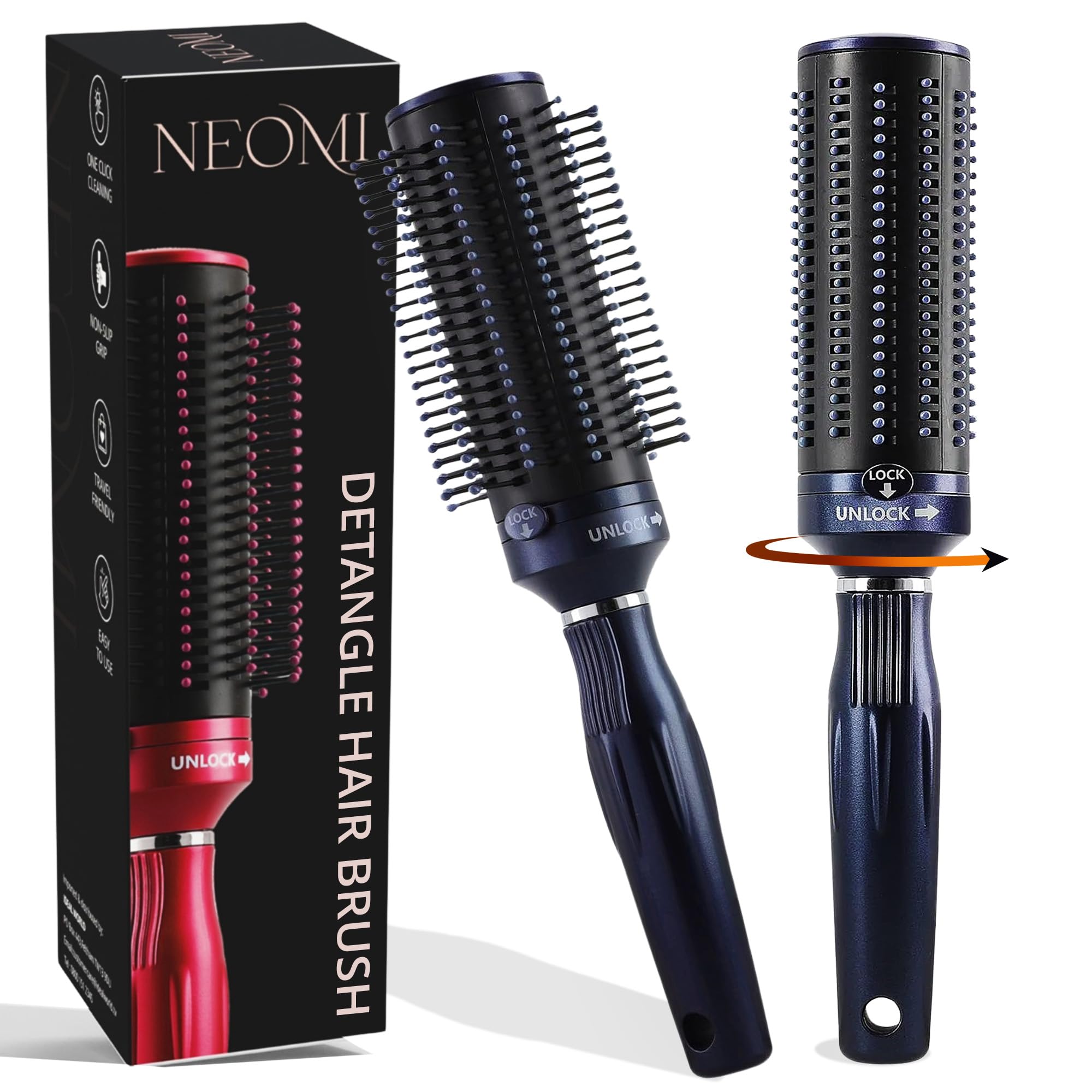 TJC Retractable Detangle Hair Brush for Curly, Straight & Wet Hair - Detangling Round Hairbrush for Blow Dry - Soft Bristle for Long, Thick & Curly Hair - Easy Clean Travel Brush - Navy Blue