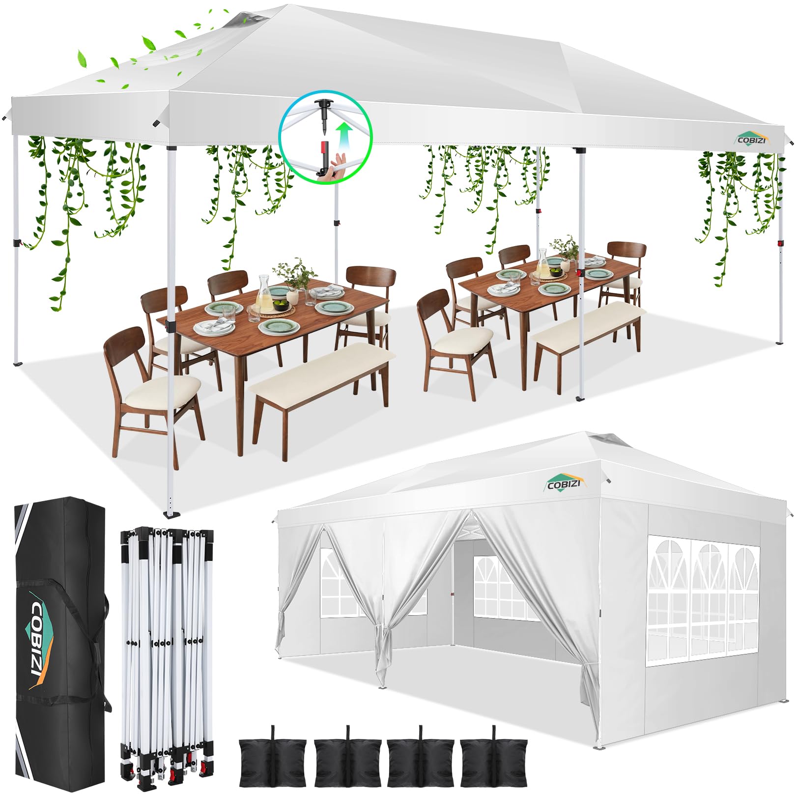 Photo 1 of ***Missing parts******Missing parts***COBIZI 10x20 Pop Up Canopy Tent with 6 Removable Sidewalls,Waterproof & UV 50+ Easy Up Canopy,Commercial Gazebo with Air Vent,4 Sand Bags,4 Stakes & 8 Ropes,Tents for Parties/Camping/Backyard,White