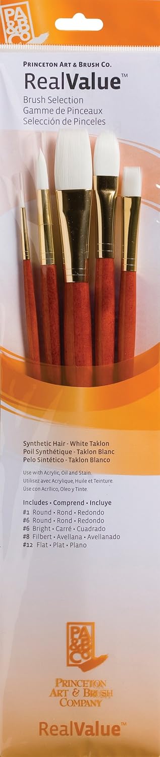 Princeton Art & Brush Real Value Synthetic Brush Set, Round Size 1 and 6, Bright Size 6, Filbert Size 8, Flat Size 12, White Taklon
