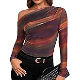 Women's Off The Shoulder Shirts Tie Dye Long Sleeve Mesh Casual Top Trendy Ruched Slim Fitted Tees