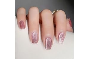 XENOPHOER Cat Eye Press on Nails Short Square Pink Fake Nails Acrylic Glue on Nails with Silver Glitter Designs Nails Press ons for Women Daily Wear 24 Pcs