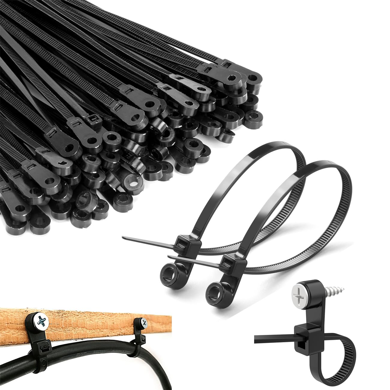 8 inch Black Zip Ties With Screw Hole,Heavy Duty Cable Ties for Cords 75 lbs Mountable head Zip Tie Screw Mount,Zip Wall Wire Ties for Indoor and Outdoor Use (200, 8 IN)