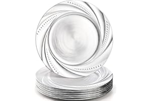 ZENFUN 12 Pack Plastic Silver Charger Plate, 13" Round Chargers Plate Decorative Dinner Chargers, Embossed Charger sServing P