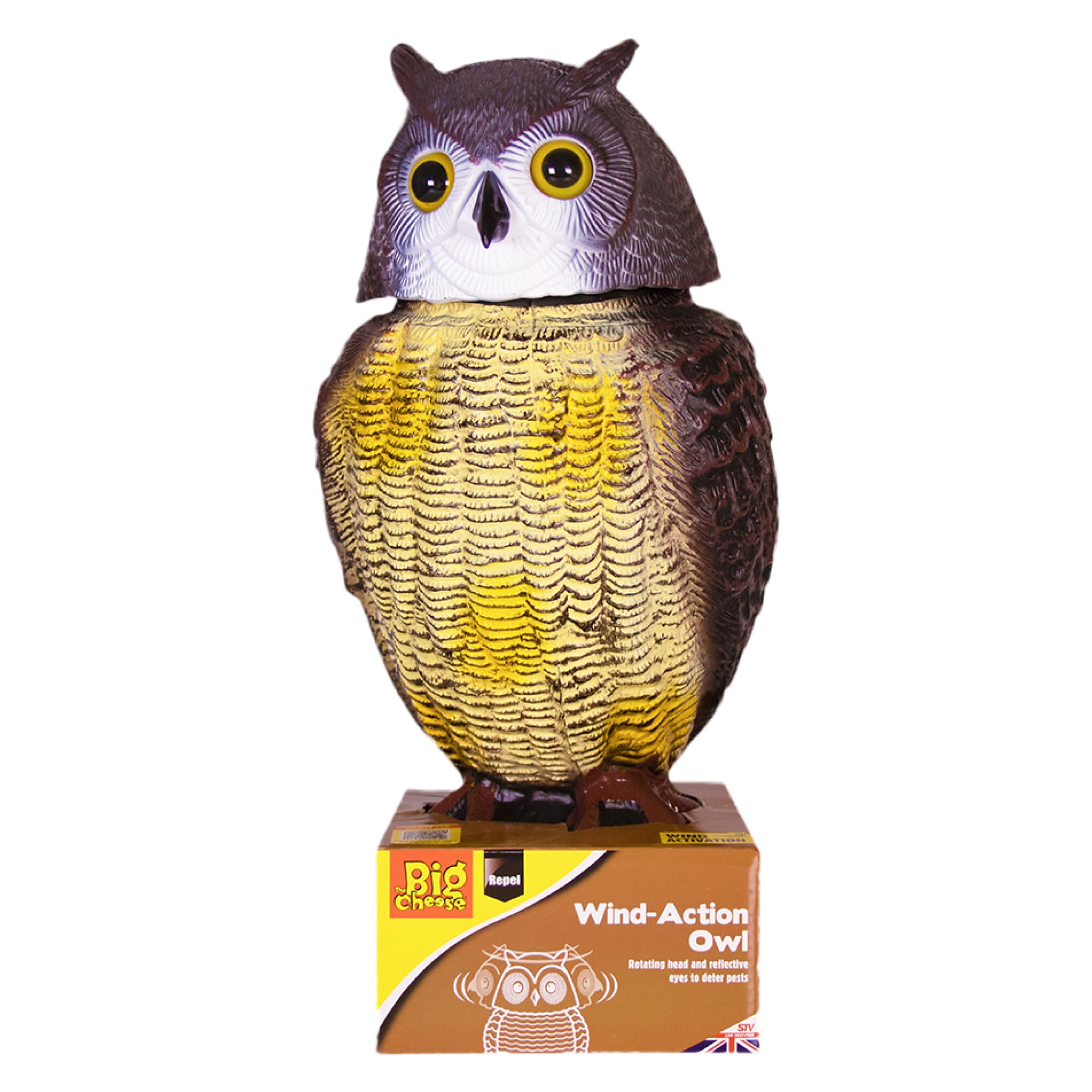 The Big Cheese Wind-Action Owl Realistic, Humane Decoy Deterrent, Scares Birds from Gardens, Boats, and Vulnerable Buildings with Rotatable Head and Reflective, Life-Like Eyes