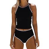 Beachsissi Women Cute White Trim Bathing Suit Swimwear Round Neck Tankini Set, Black