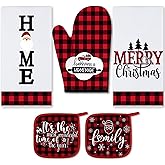 Rtteri 5 Pcs Christmas Red and Black Buffalo Plaid Kitchen Towels Oven Mitts and Pot Holders Sets Xmas Mittens Oven Glove Potholders for Winter Holiday Farmhouse Kitchen Decoration and Accessories