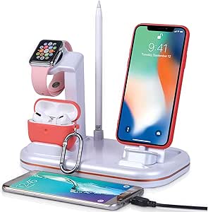 Lxtopdk Charging Stand for Apple Watch Charger, 4 in 1 Charger Station for Apple iWatch 7/6/SE/5, Build-in Charging Cable for iPhone 13/12/iPad/iPod/Airpods Pro,Pencil Holder with 2 USB Ports-White