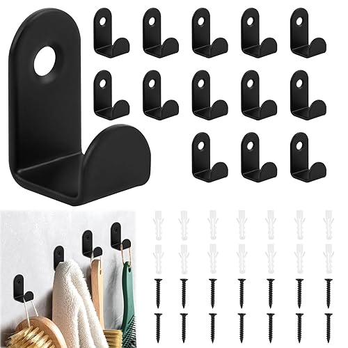 14 Pcs Black Coat Hooks, L-Shaped Stainless Steel Wall Hooks for Jackets, Towels, Robes, Black Mounted Hook with Screws and Anchors, Heavy Duty Hook for Bedroom, Bathroom, Closet, Living Room
