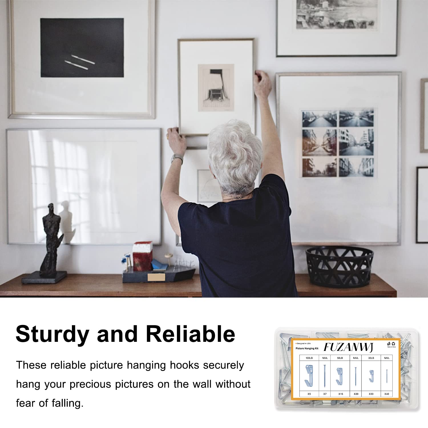117Pcs Picture Hangers, 3 Size Picture Hooks Including 30/50/100lbs, Picture Hanging Kit, Professional Plaster Picture Hanging Kit for Wooden Wall or Drywall(50 Hangers+ 67 Nails)