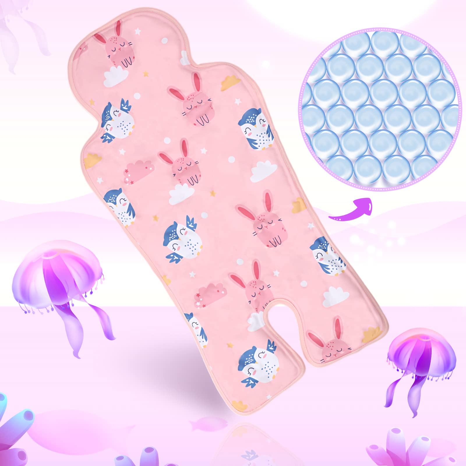 Qunclay 2 Pcs Gel Car Seat Cooler Pad for Baby Cooling Pad for Stroller Breathable Universal Car Cooler Mat Multifunctional Baby Stroller Seat Liner Cushion Chair(Rabbit, Seahorse)