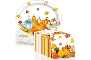 QOUBAI Thanksgiving Fall Party Oval Paper Plates 11inch Large Watercolor Maple Leaves Plates and Napkins, Pumpkin Party Decoration Favor Dish Tray for Autumn Holiday Gathering Supplies Tableware, 25 Guest