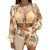 UOUA 3 Piece Swimsuits for Women Hawaiian Outfits Floral Tropical Bikini & Short Sets Summer Beach Sexy Cover Ups Luau Party