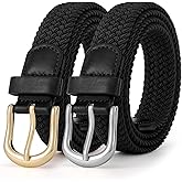 JASGOOD 2 Pack Braided Belts for Women, 1'' Narrow Width Elastic Woven Stretch Fabric Cloth Belts with Gold Buckle