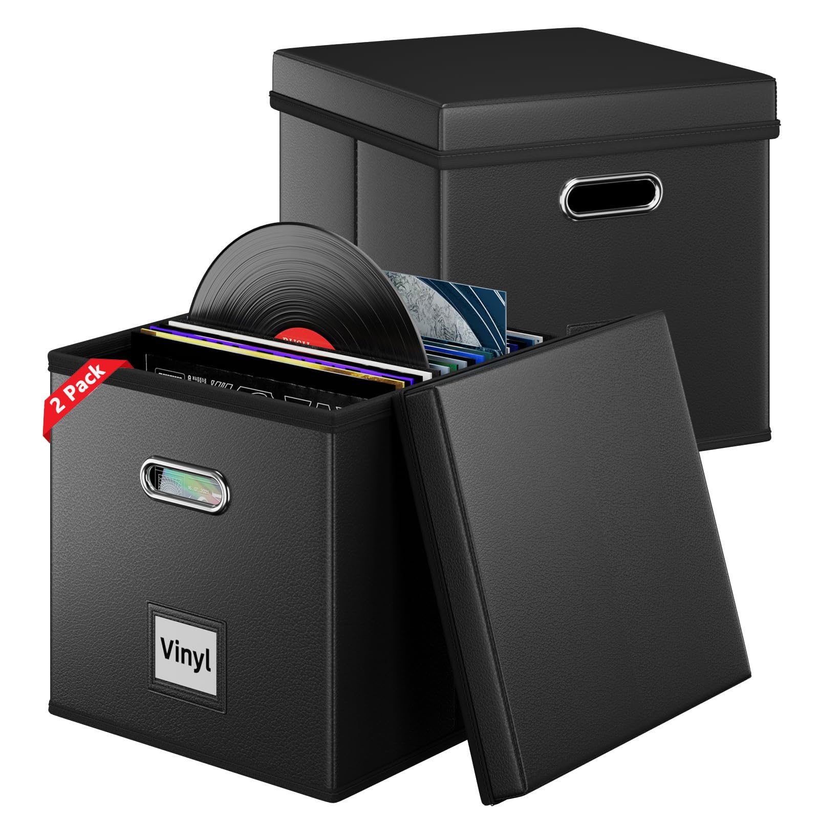 Aolawco 2 PCS 12 inch Leather Vinyl Record Storage Box, CD Storage Case with Lid & Handles, Folding LP Storage Boxes Holds up to 100+ Single Records, Records Organizer for Albums, CDs, Magzine, Files