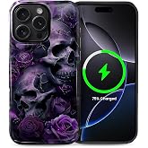Punmada for iPhone 16 Pro Case for MagSafe,Hard Hybrid Shell Shockproof Silicone Full Body Protective Non Slip Case for iPhone 16 Pro Purple Skull Rose Pattern