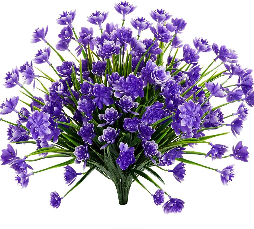 TEMCHY Artificial Daffodils Fake Large Flowers, 4 Bundles Purple UV Resistant Faux Greenery Foliage Plants Shrubs for Garden, Wedding, Outside Hanging Planter, Farmhouse Indoor Outdoor Decor