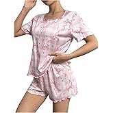 OYOANGLE Women's Bow Pajama Set 2 Piece Lettuce Trim Short Sleeve Top and Shorts Y2k Preppy Cute Pj Sets Sleepwear