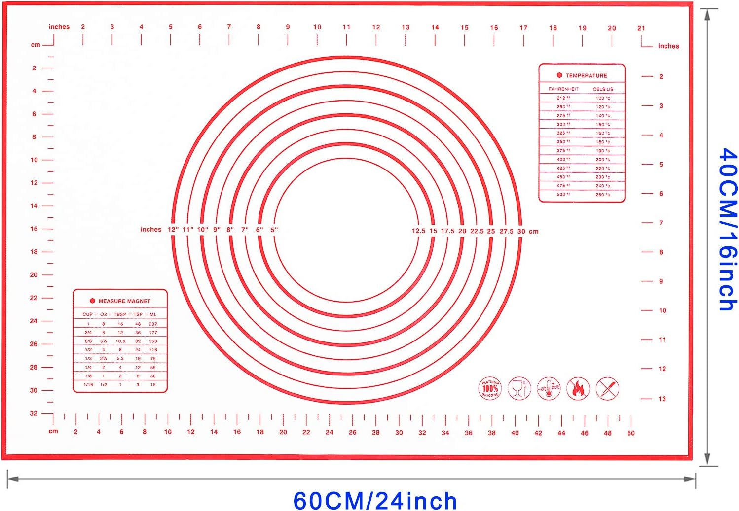 BESORICH Silicone Baking Mat with Measurement Counter Mat, Dough Rolling Mat, Pizza and Cookies and Easy Clean Pastry Mat, 16 x 24 Inches - Red: Kitchen & Dining